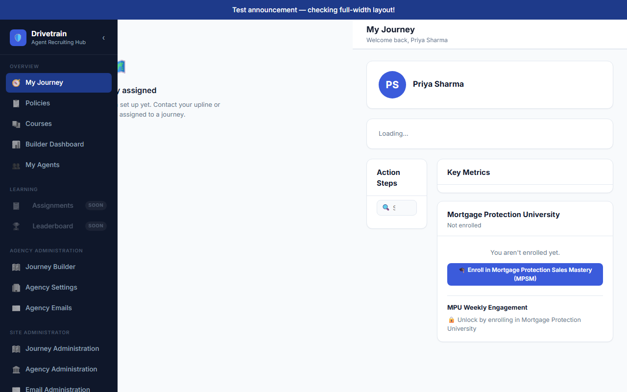 Drivetrain My Journey view showing agent roadmap and action steps